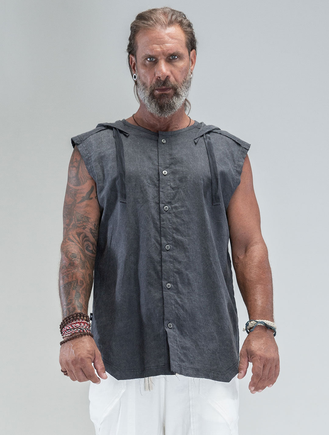 'Lynx' Hooded Sleeveless Buttoned Shirt - Psylo Fashion