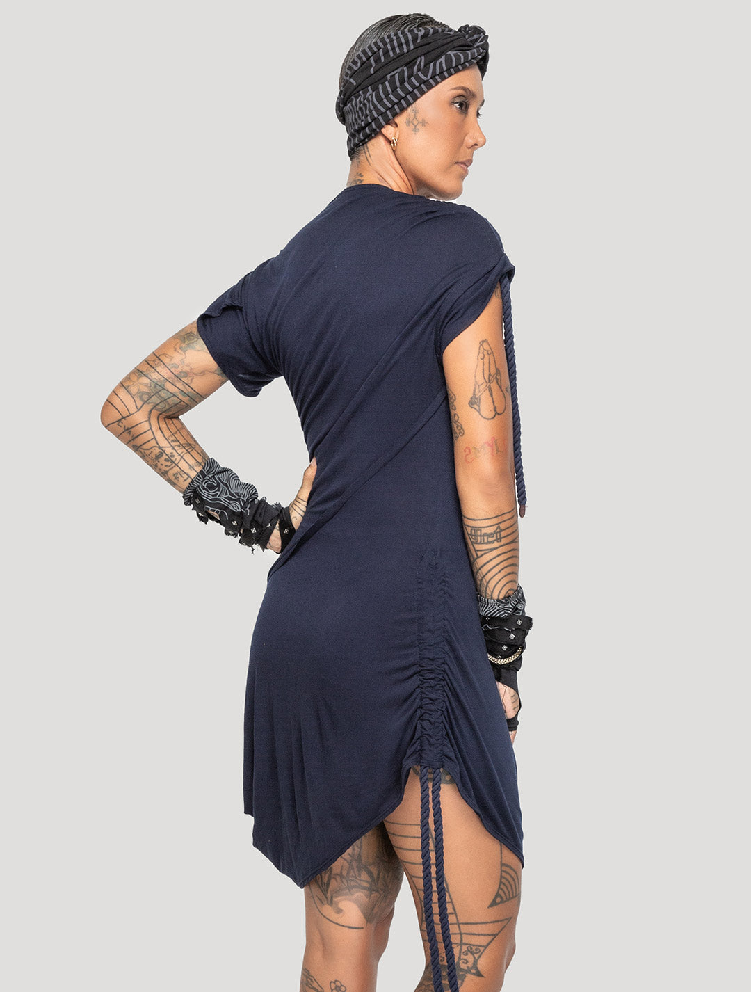Dark Navy 'Medusa' 100% Bamboo Asymmetric Mini Dress - Psylo Fashion
