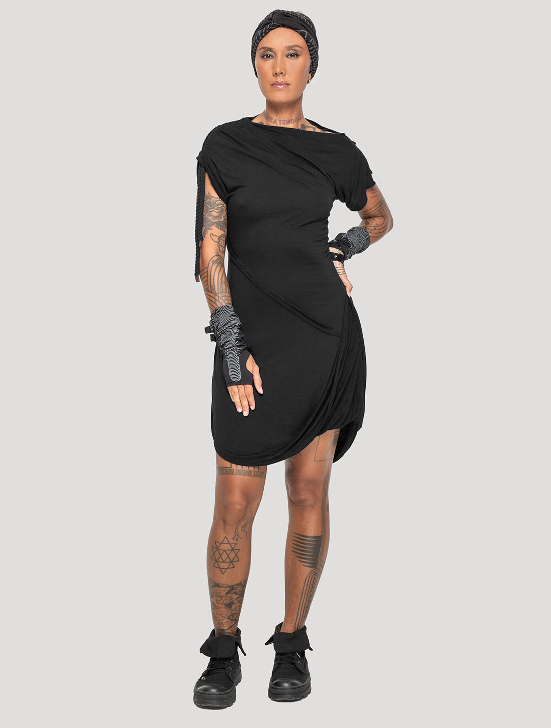 Black 'Medusa' 100% Bamboo Asymmetric Mini Dress - Psylo Fashion