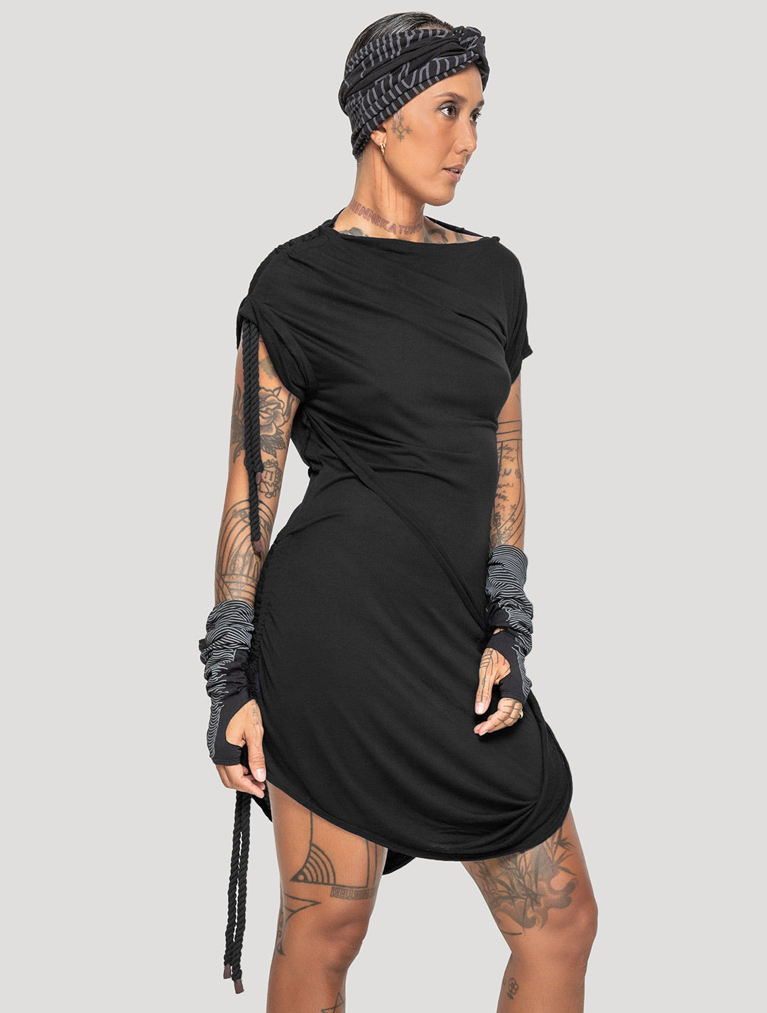 Black 'Medusa' 100% Bamboo Asymmetric Mini Dress - Psylo Fashion