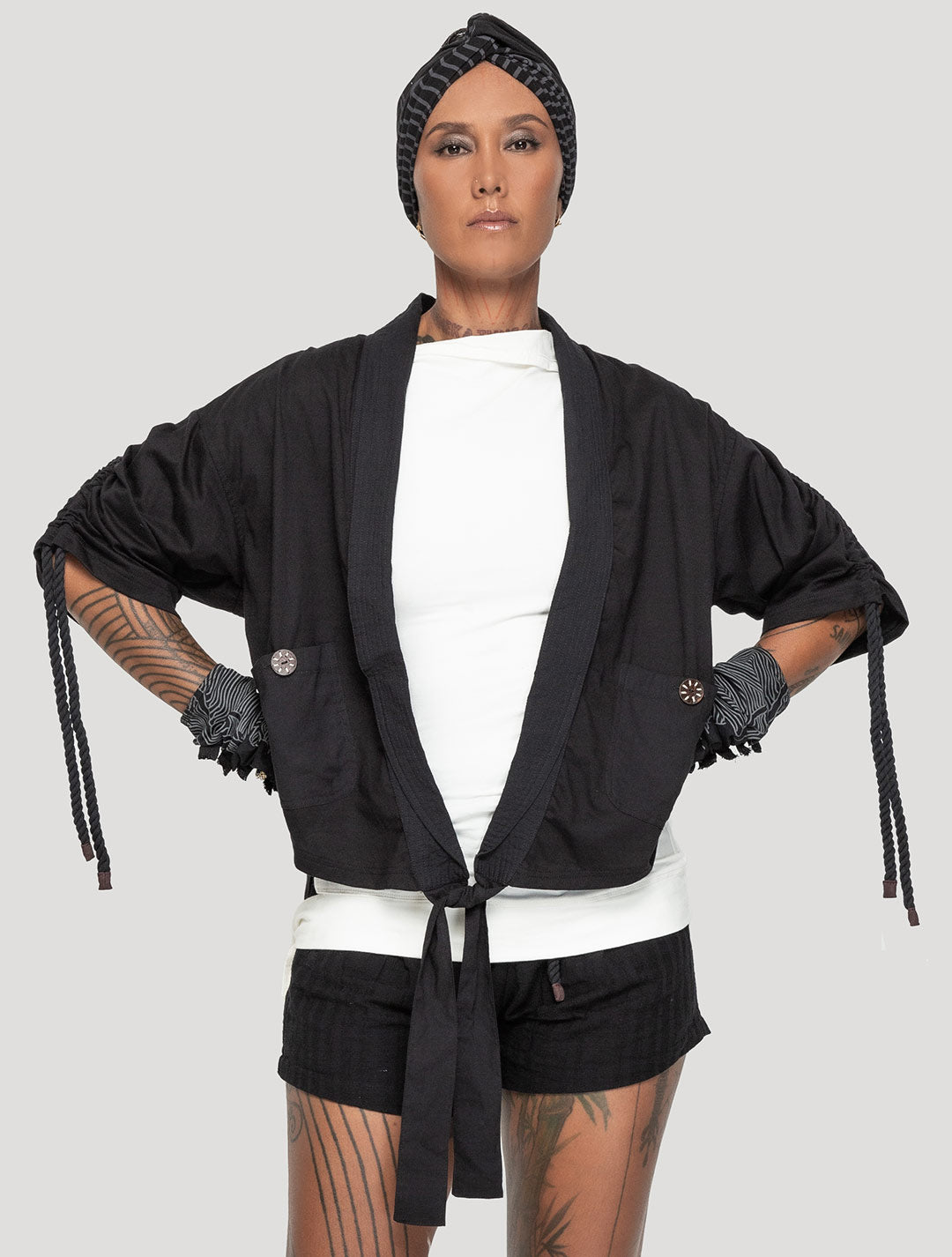Black Organic Cotton & Linen 'Medusa' Kimono - Psylo Fashion