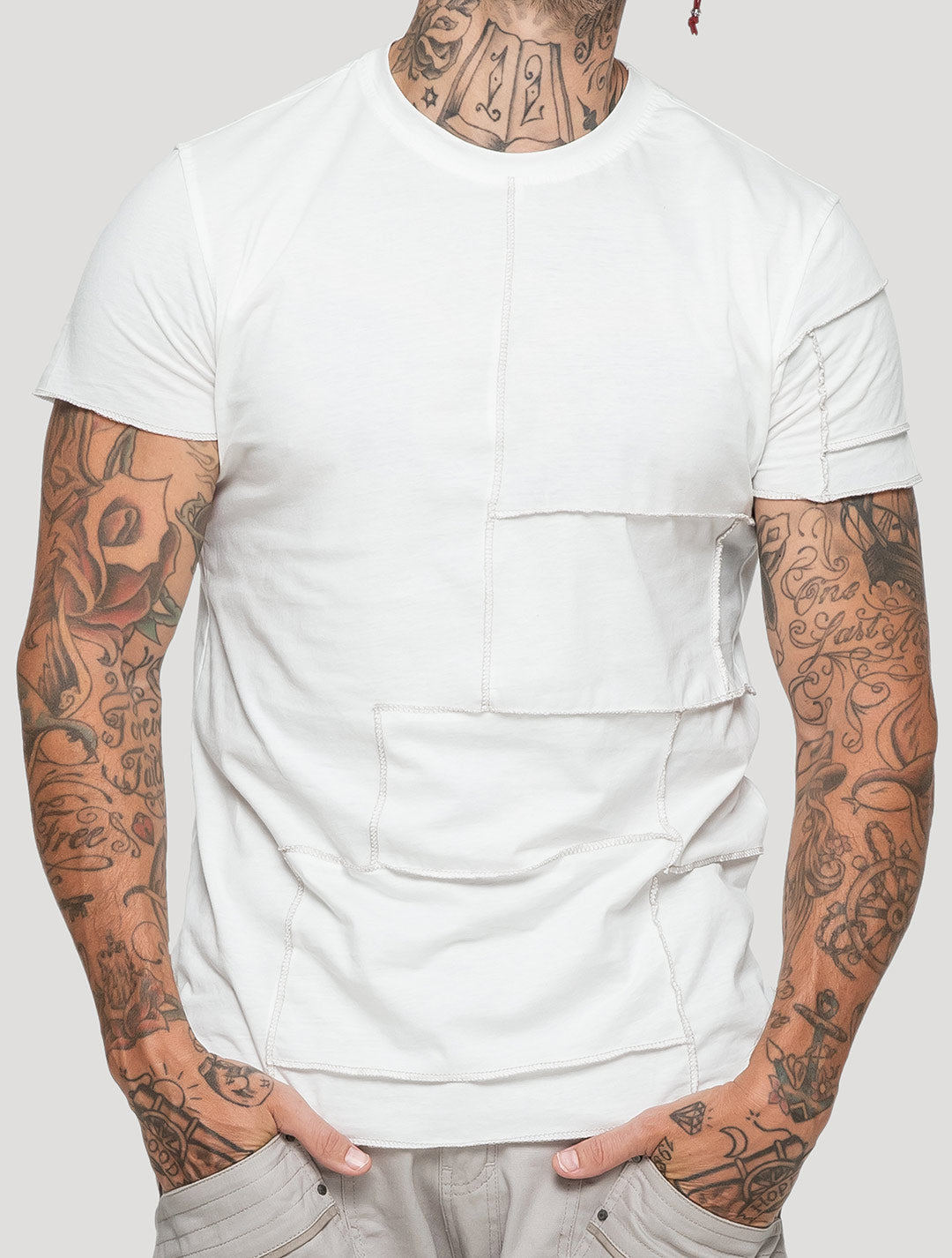 Off White Patchwork Short Sleeves Tee by Psylo Fashion