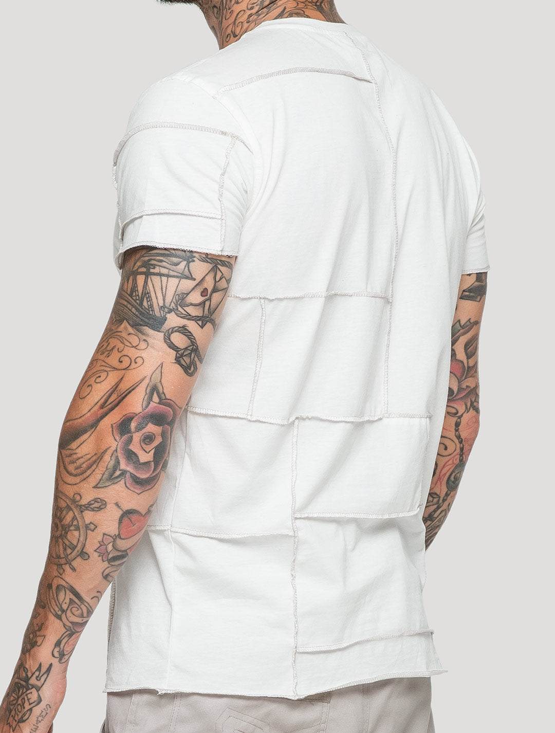 Off White Patchwork Short Sleeves Tee by Psylo Fashion