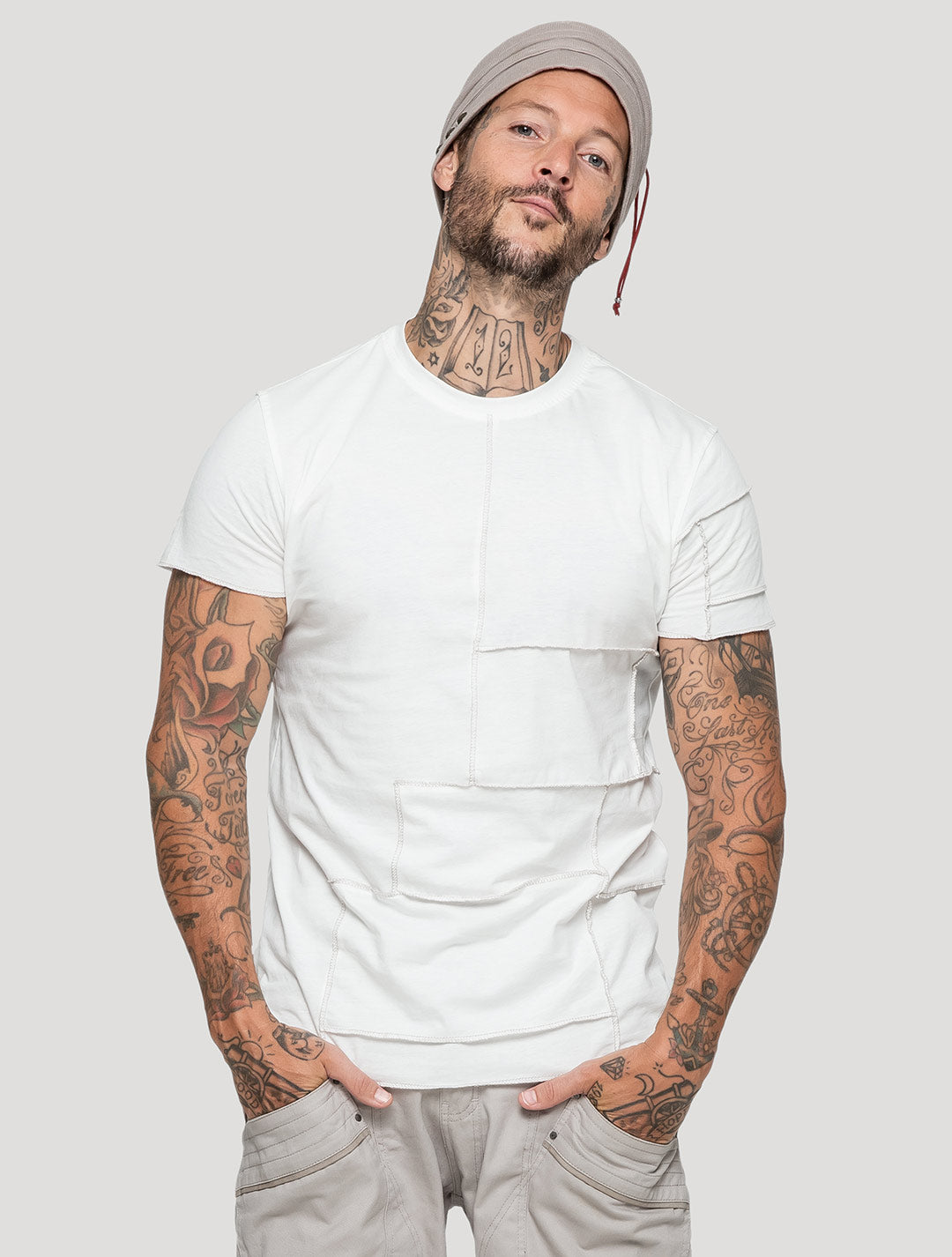 Off White Patchwork Short Sleeves Tee by Psylo Fashion