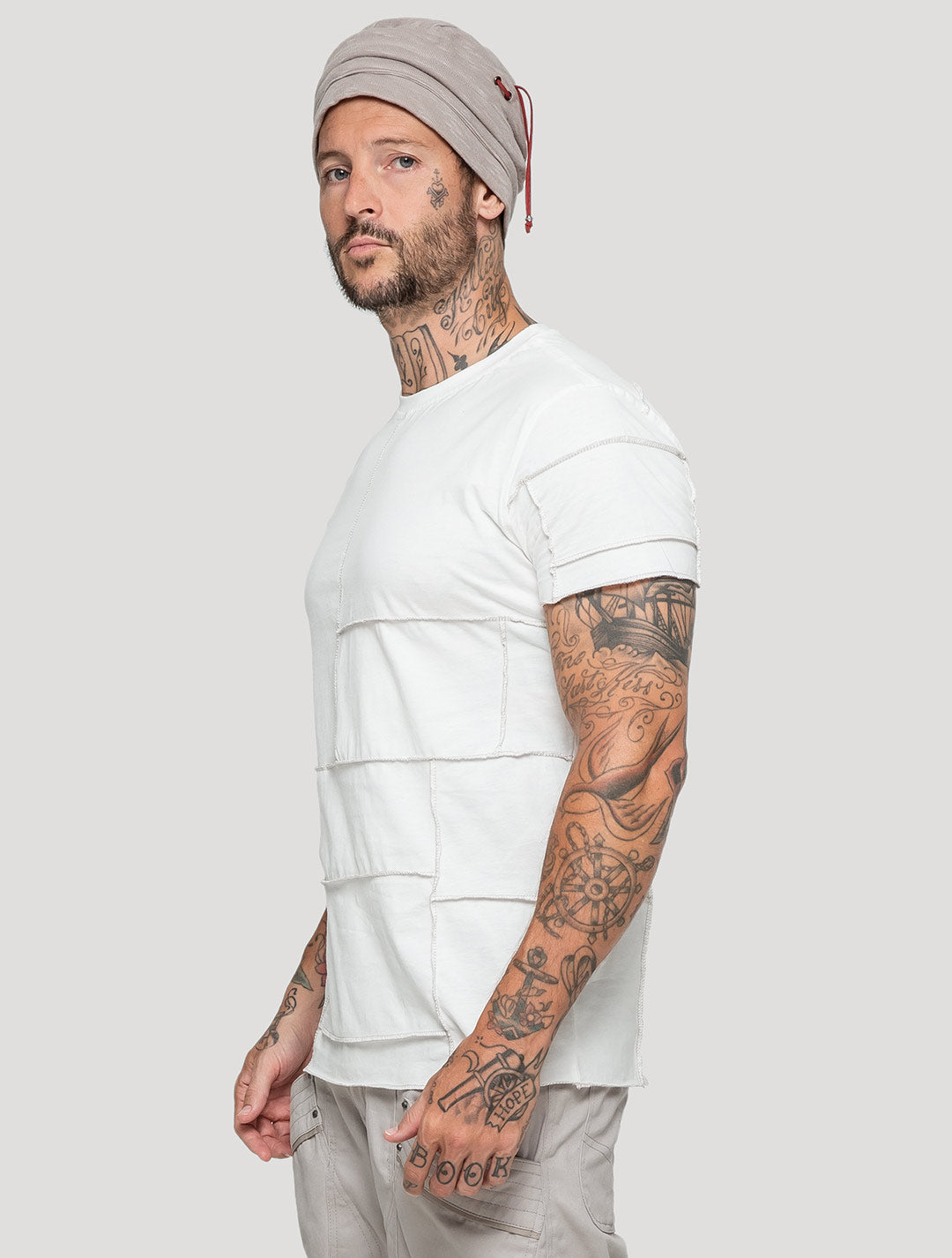 Off White Patchwork Short Sleeves Tee by Psylo Fashion