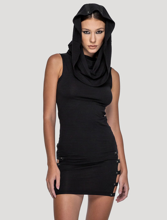 Black Organic Cotton Lycra 'Slashed' Hoodie Mini Dress