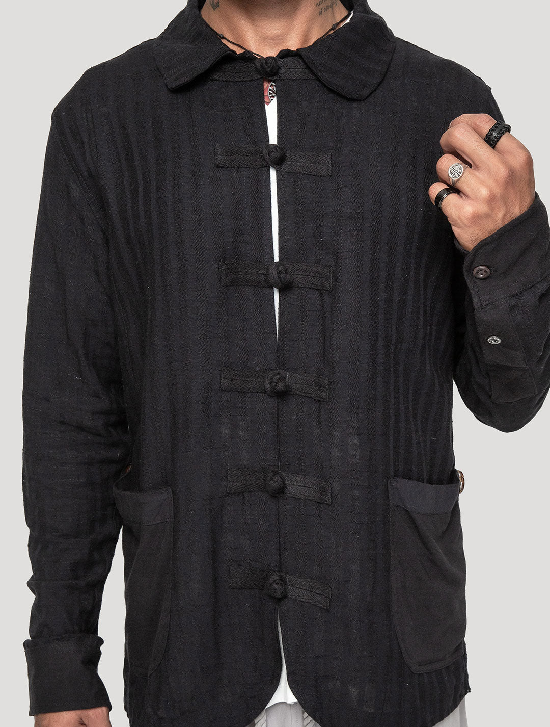 Black 'Taiji' Striped Shacket - Psylo Fashion