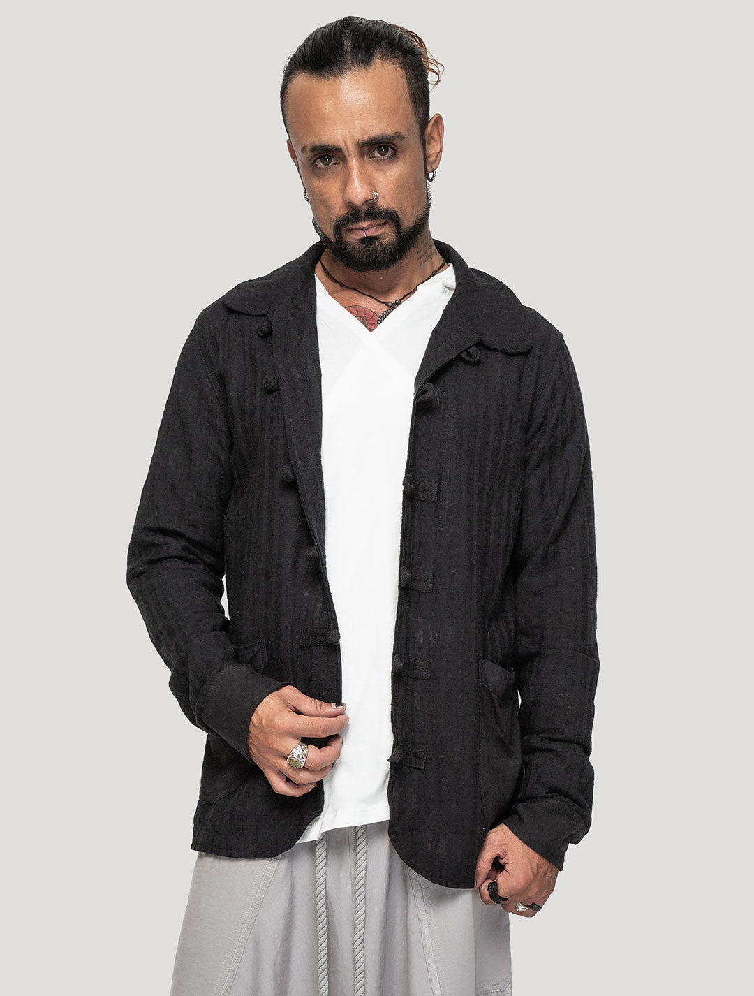 Black 'Taiji' Striped Shacket - Psylo Fashion