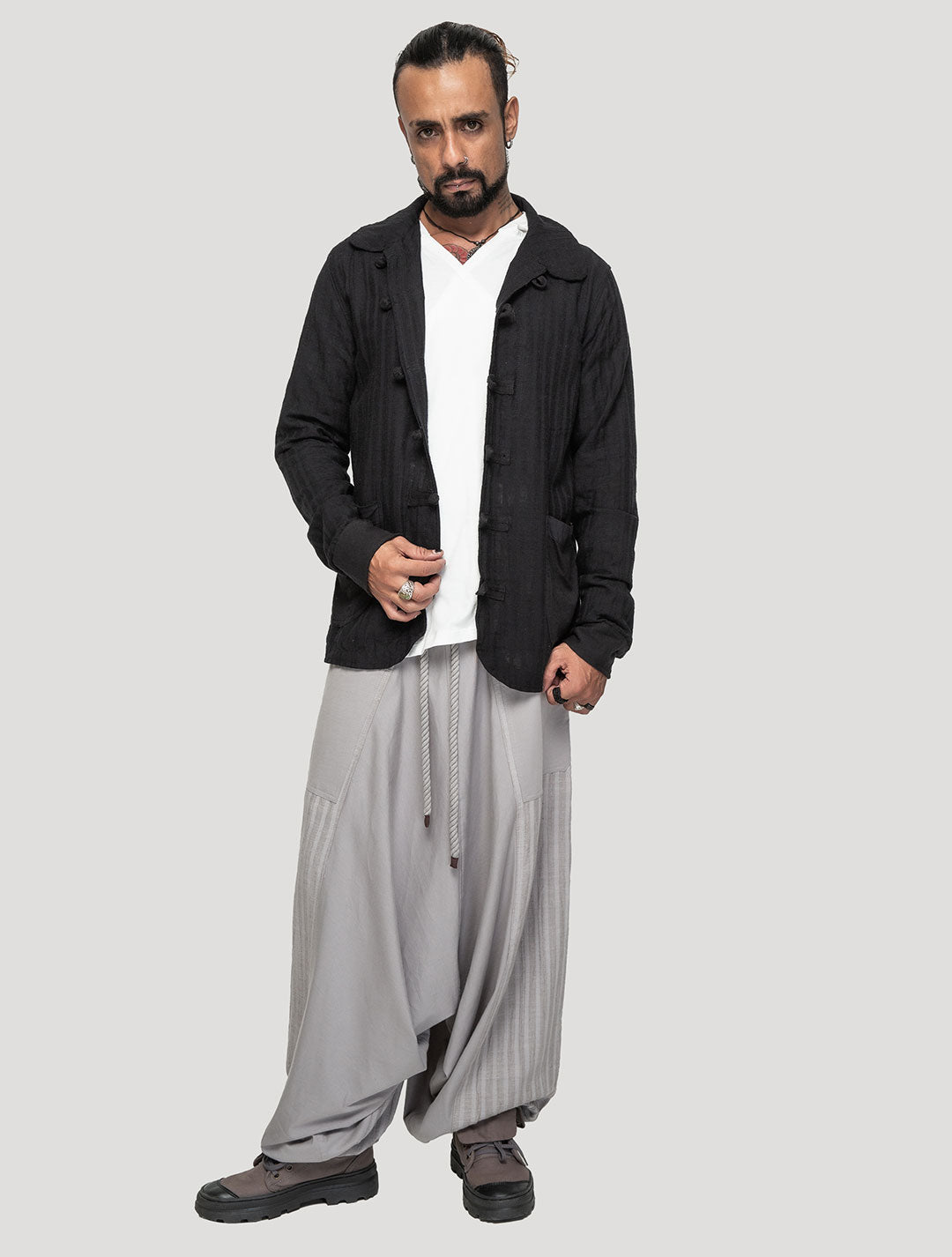 Black 'Taiji' Striped Shacket - Psylo Fashion
