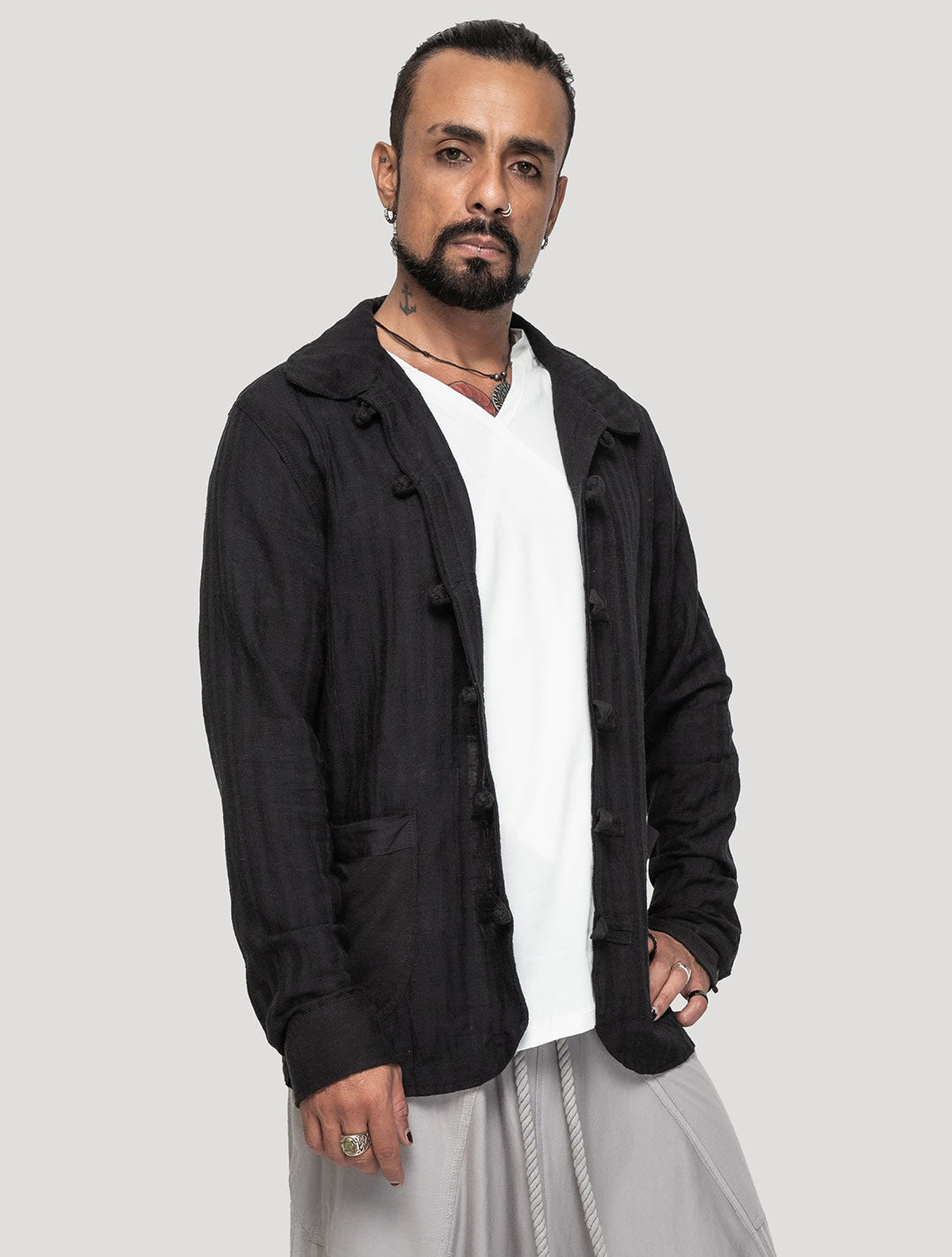 Black 'Taiji' Striped Shacket - Psylo Fashion