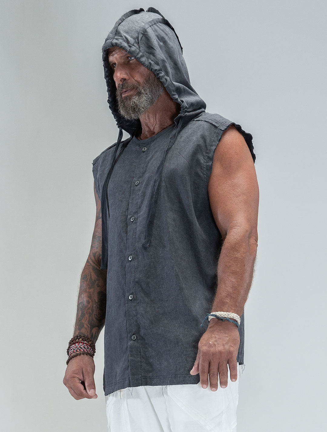 'Lynx' Hooded Sleeveless Buttoned Shirt - Psylo Fashion