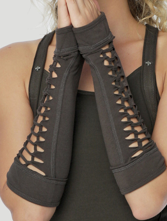 Olive Green Braided & Long Fingerless Gloves by Psylo Fashion