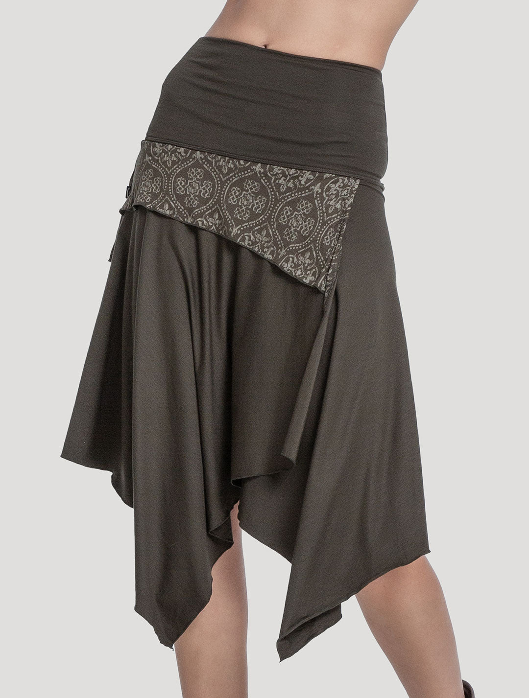 Olive Green 'Drag' Organic Cotton Asymmetric Midi Skirt by Psylo Fashion