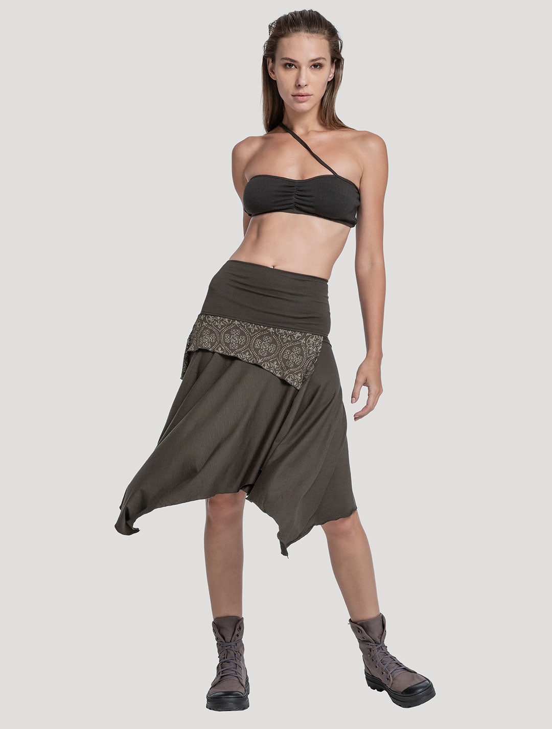 Olive Green 'Drag' Organic Cotton Asymmetric Midi Skirt by Psylo Fashion