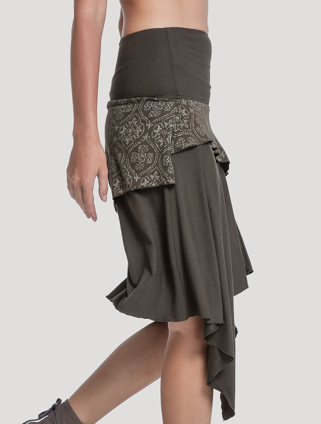 Olive Green 'Drag' Organic Cotton Asymmetric Midi Skirt by Psylo Fashion