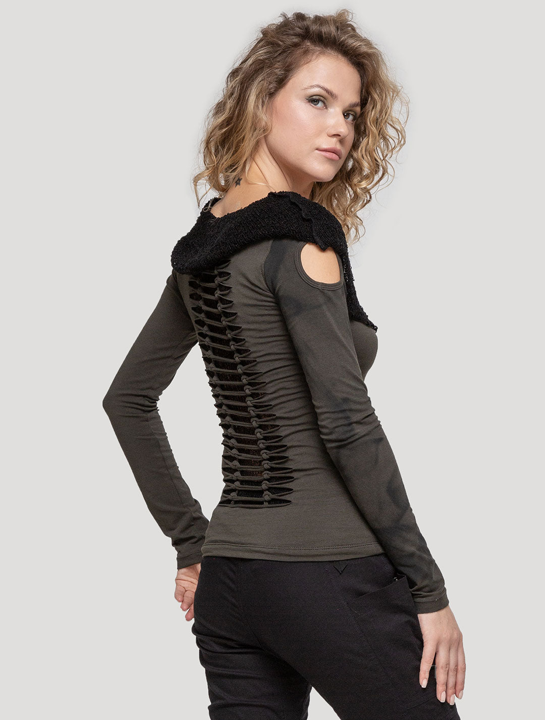 Olive green - black Gemini Long Sleeves Top - Psylo Fashion