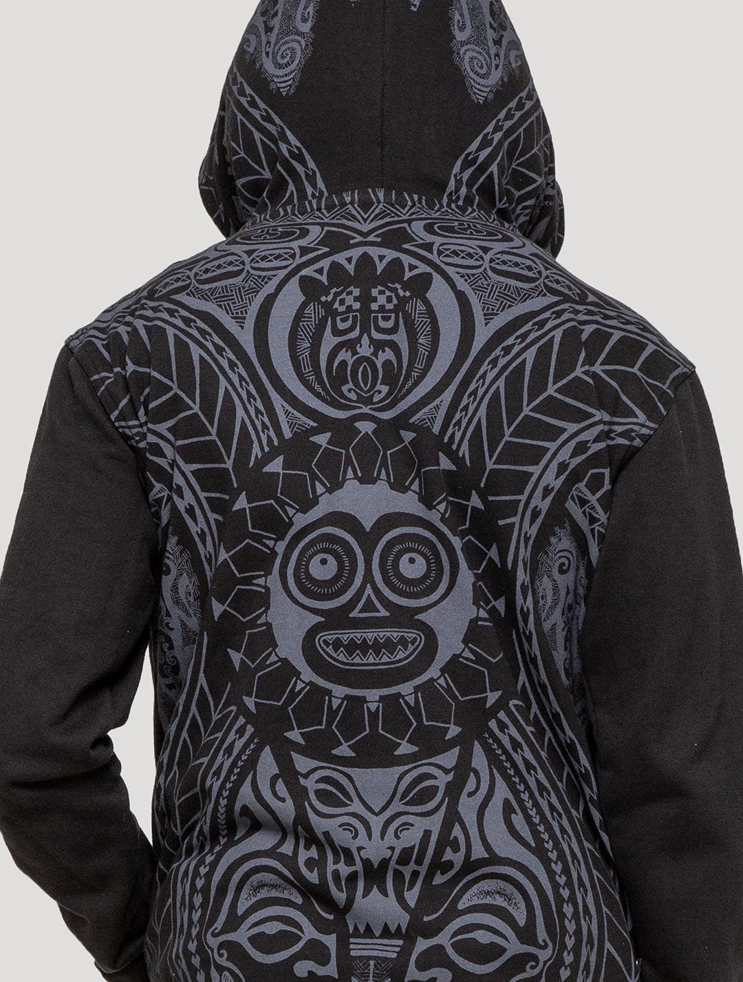 Black Long Necka Hooded Jacket | Tribal Tattoo-Style Zipped Hoodie by Psylo Fashion