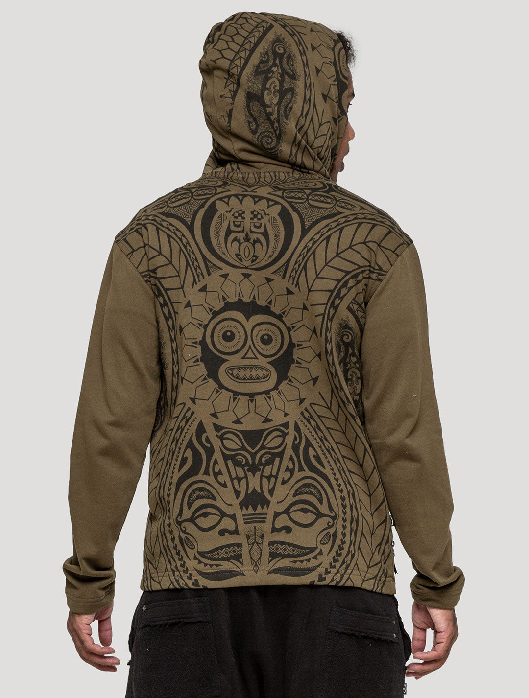 Olive green Long Necka Hooded Jacket | Tribal Tattoo-Style Zipped Hoodie by Psylo Fashion