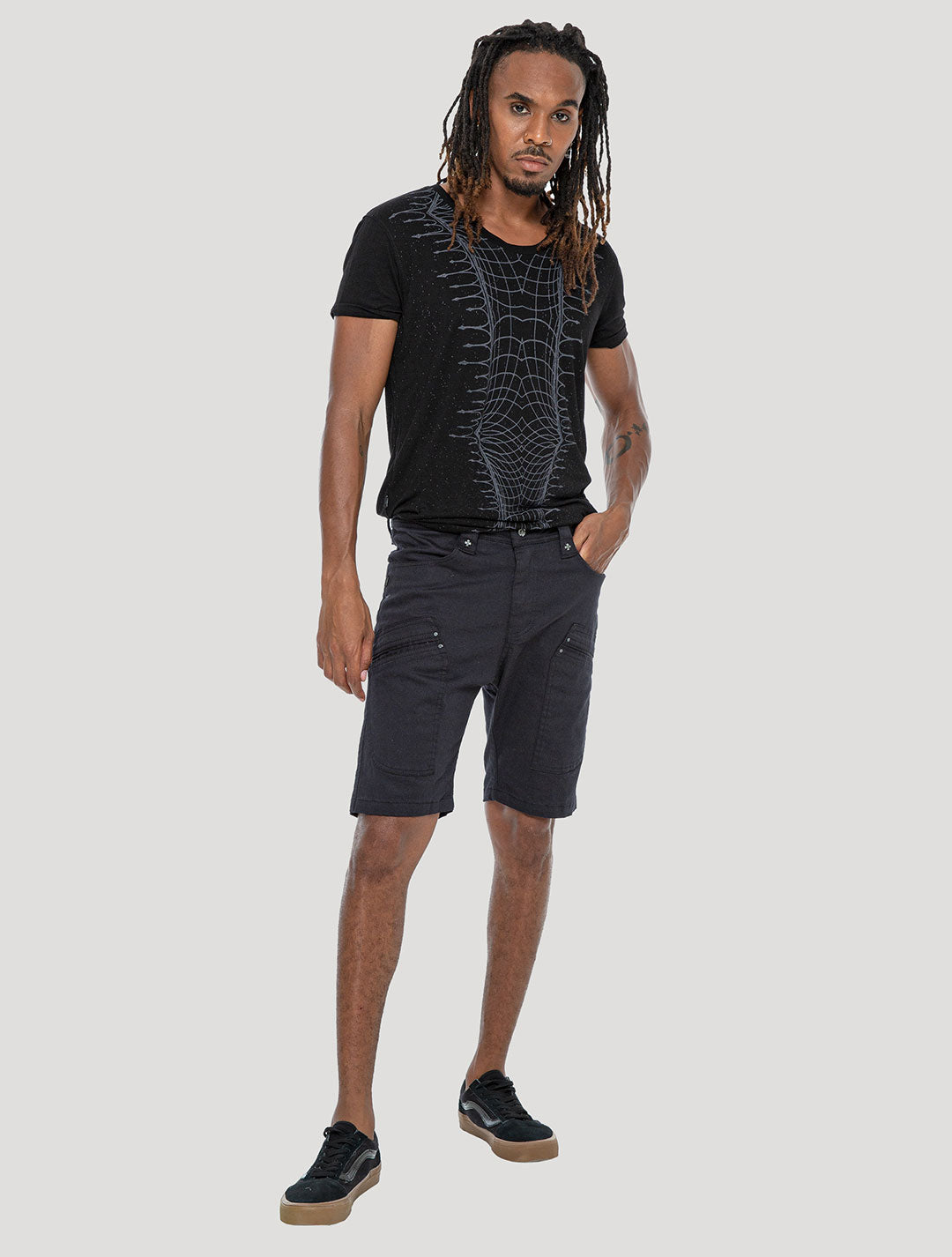 Grungy 'Mint Rmx' black Cotton Shorts by Psylo Fashion