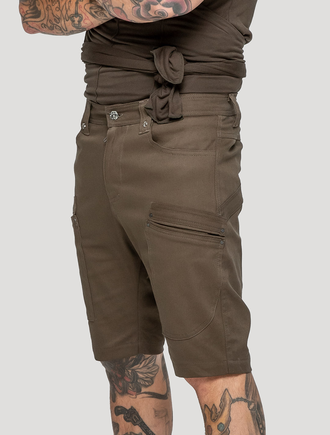 Grungy 'Mint Rmx' olive green Cotton Shorts by Psylo Fashion