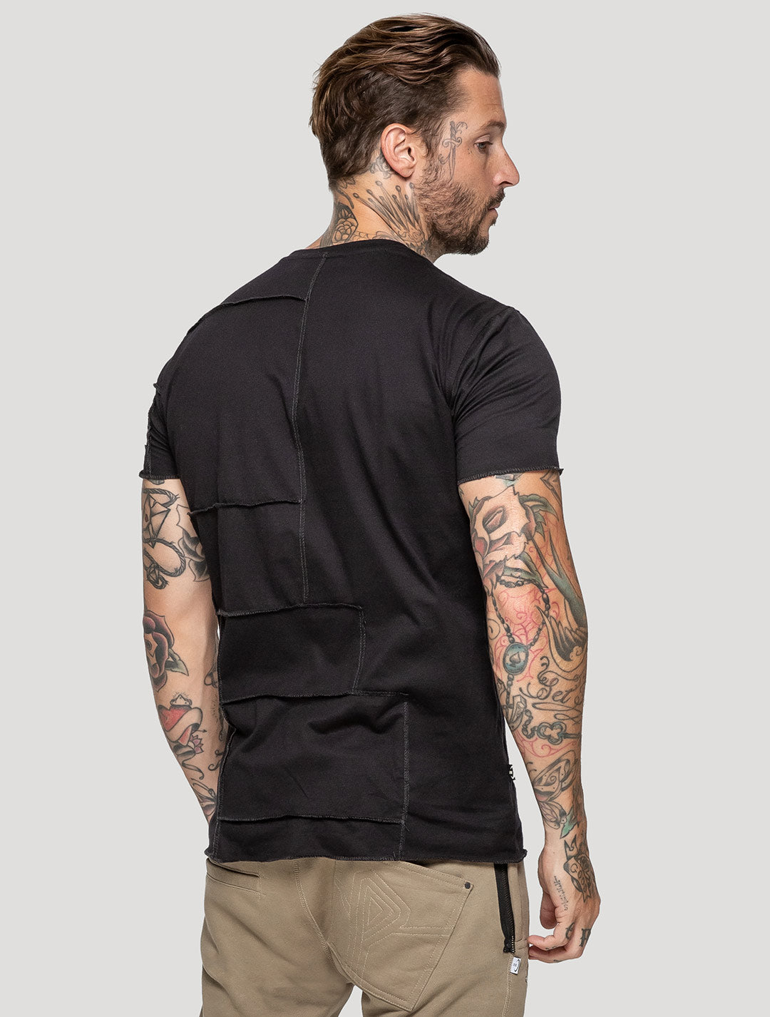 Black Patchwork Short Sleeves Tee by Psylo Fashion