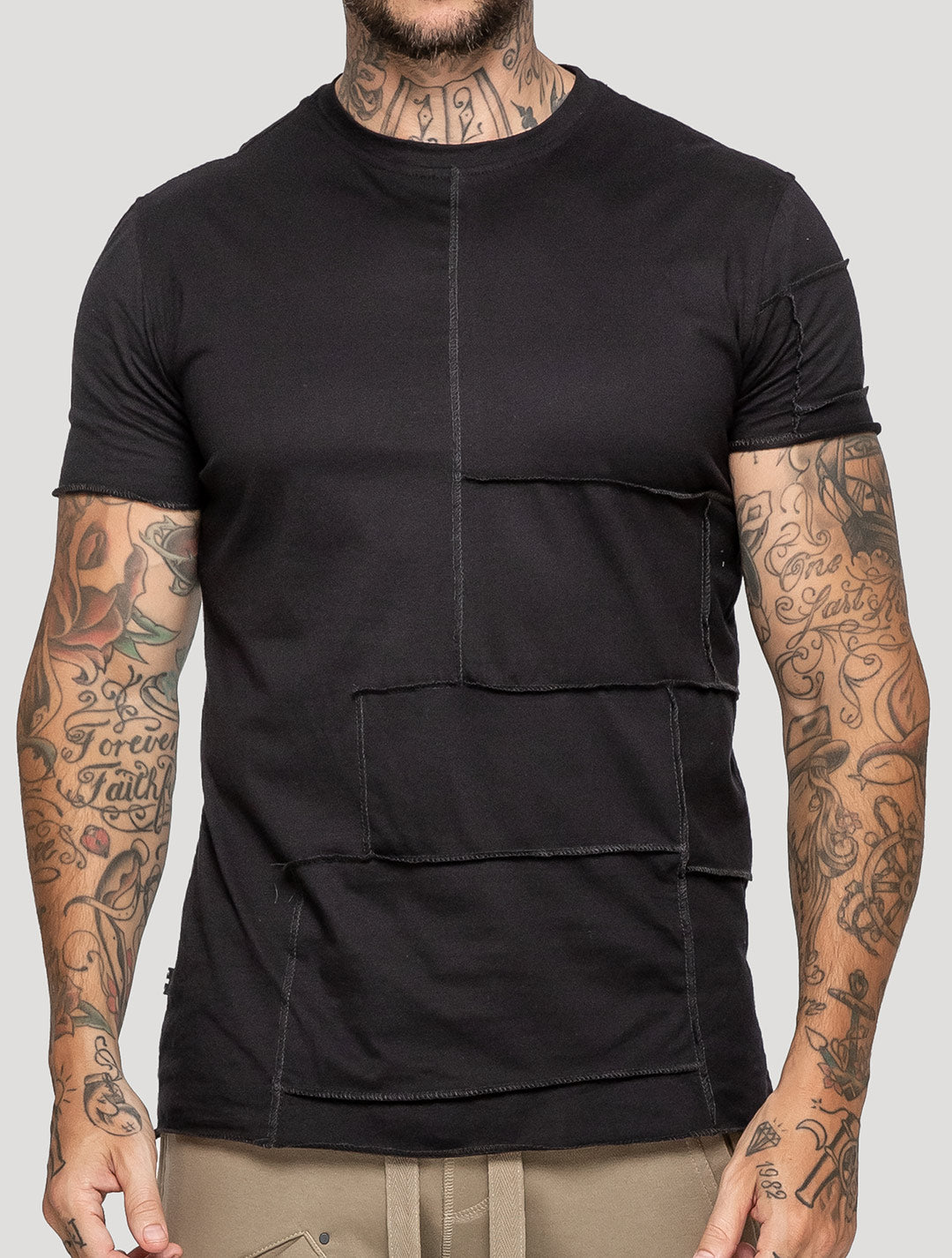 Black Patchwork Short Sleeves Tee by Psylo Fashion