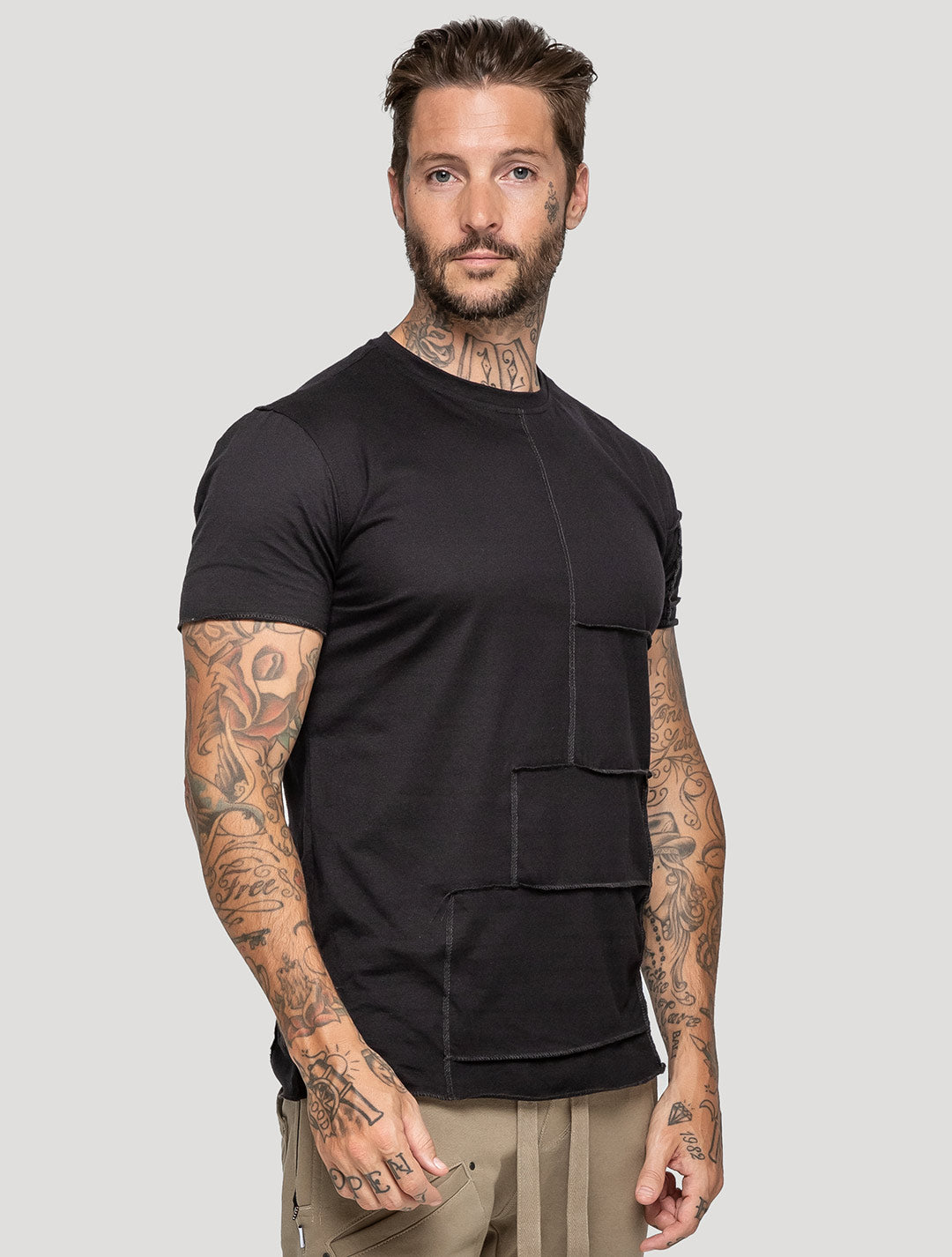 Black Patchwork Short Sleeves Tee by Psylo Fashion