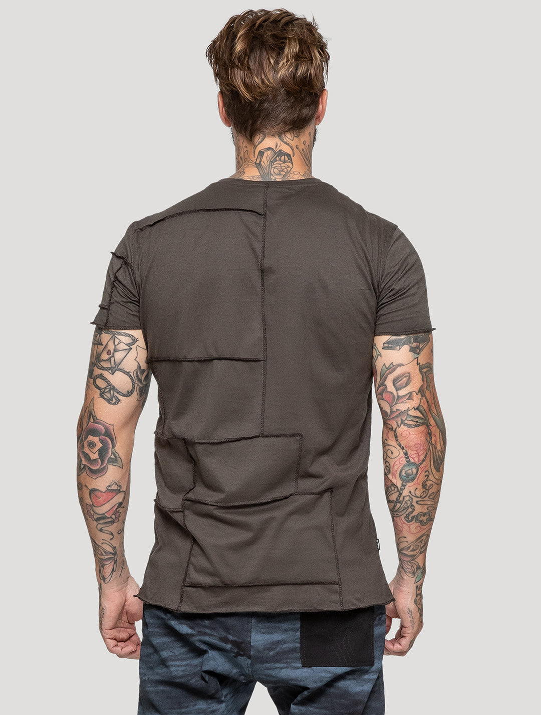 Olive green Patchwork Short Sleeves Tee by Psylo Fashion