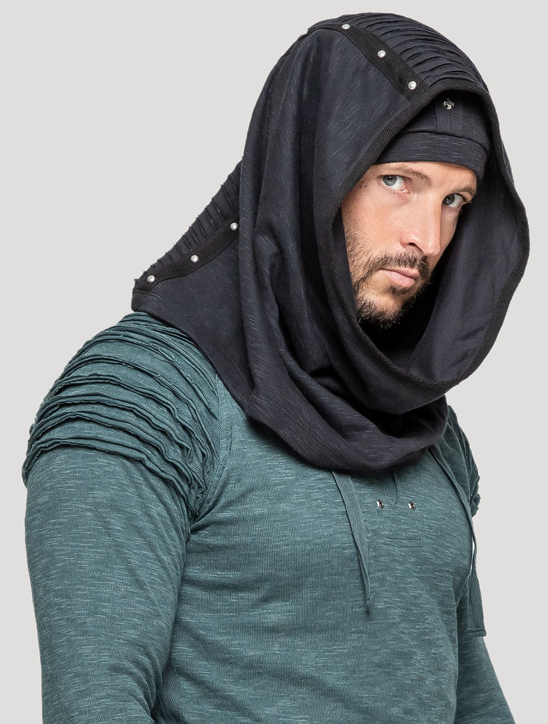 Black "Straps" Hooded Neckwarmer - Psylo Fashion