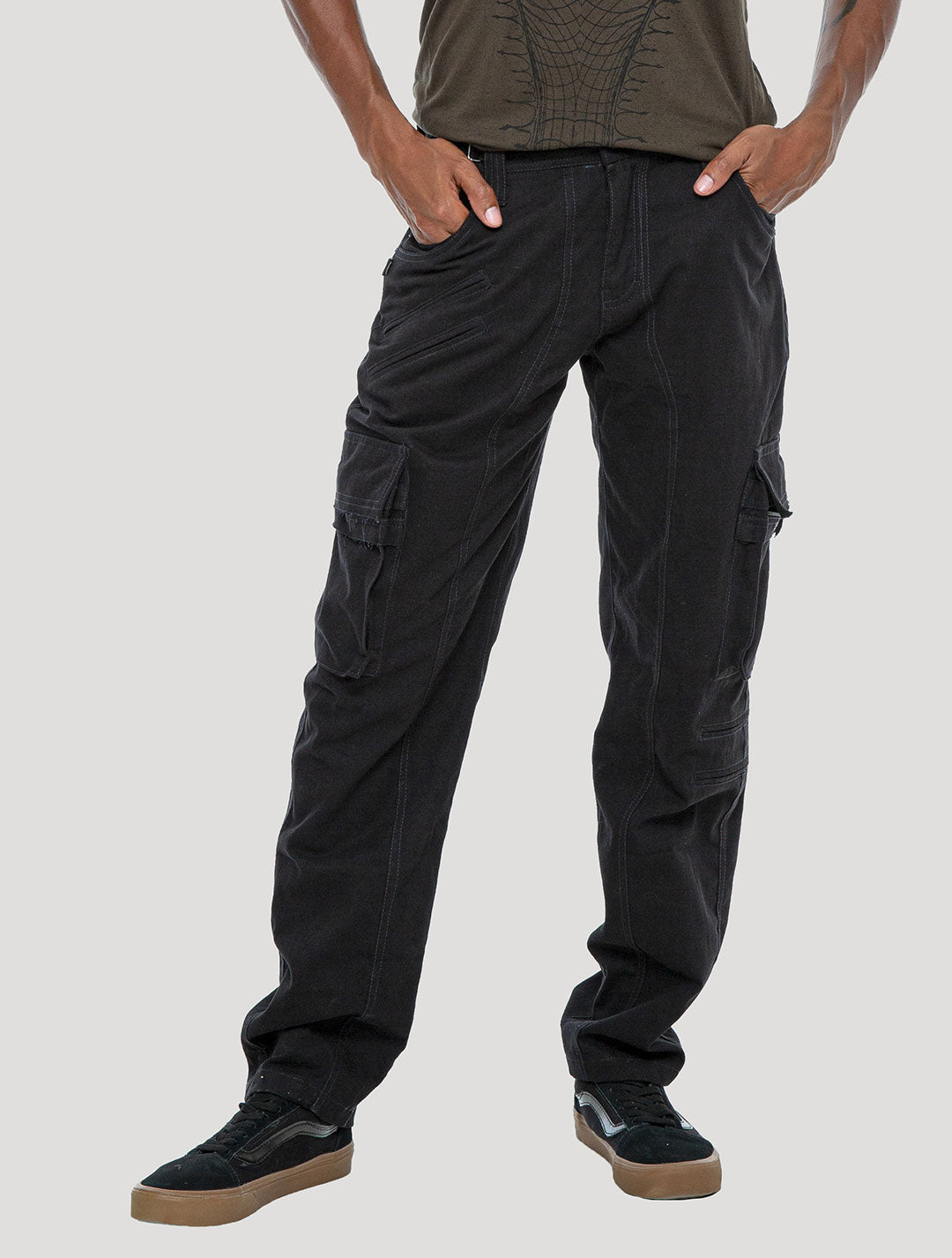 Black "Stripy Rmx" Cotton Cargo Pants - Psylo Fashion