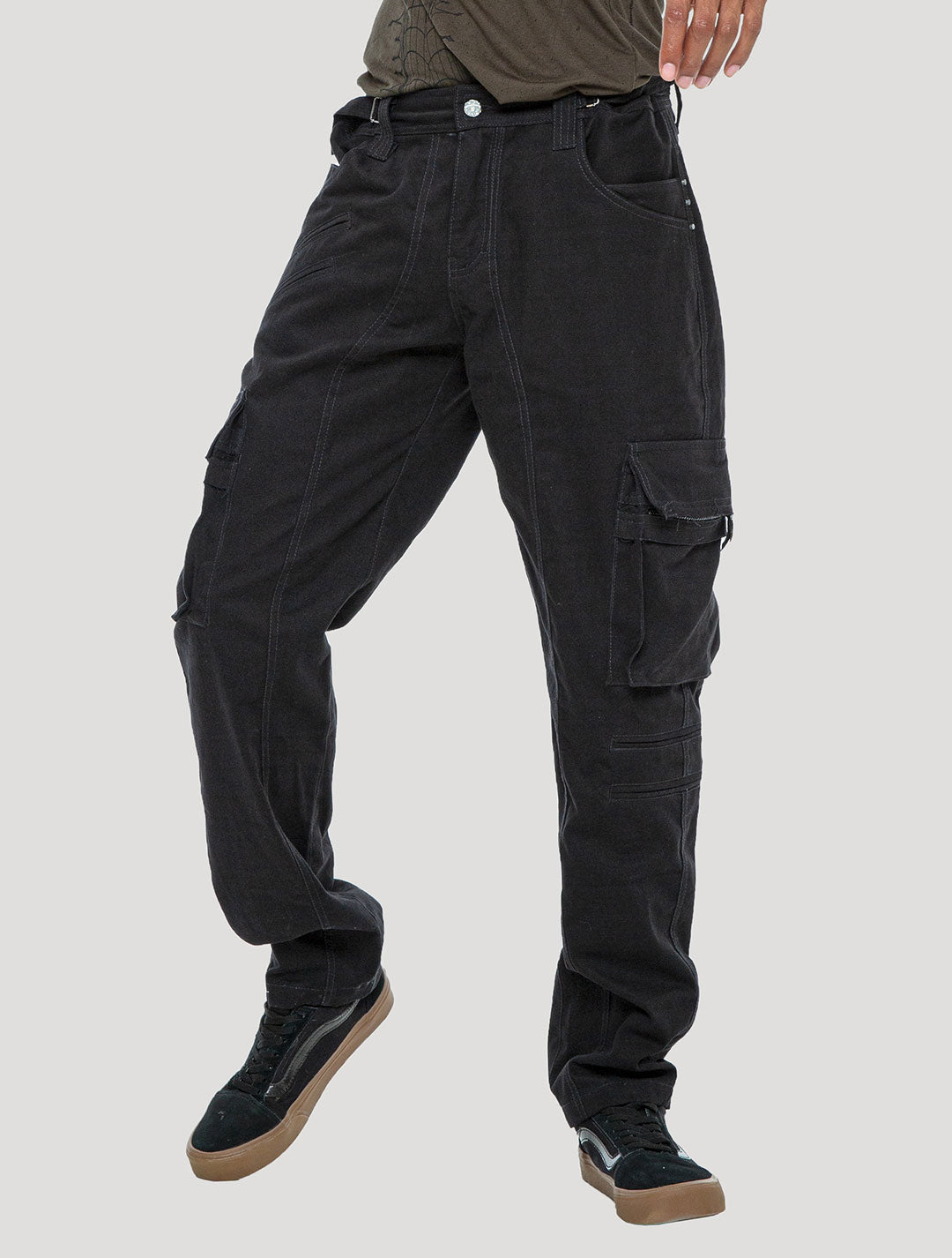 Black "Stripy Rmx" Cotton Cargo Pants - Psylo Fashion