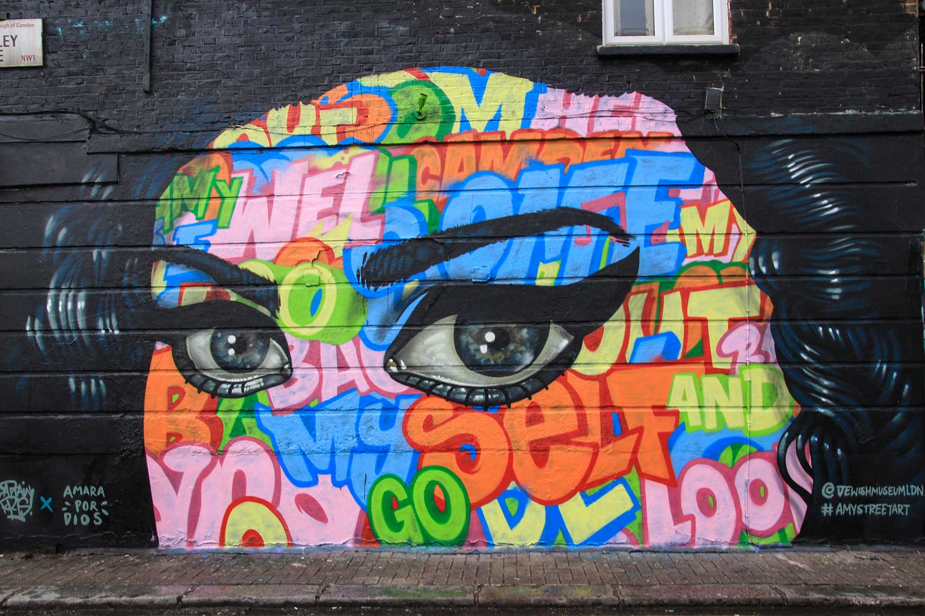 ‘Amy Street Art’ at Stucley Place NW1 Camden - hair and eyes by Amara Por Dios and funky lettering by Captain Kris (photo by Maureen Barlin)