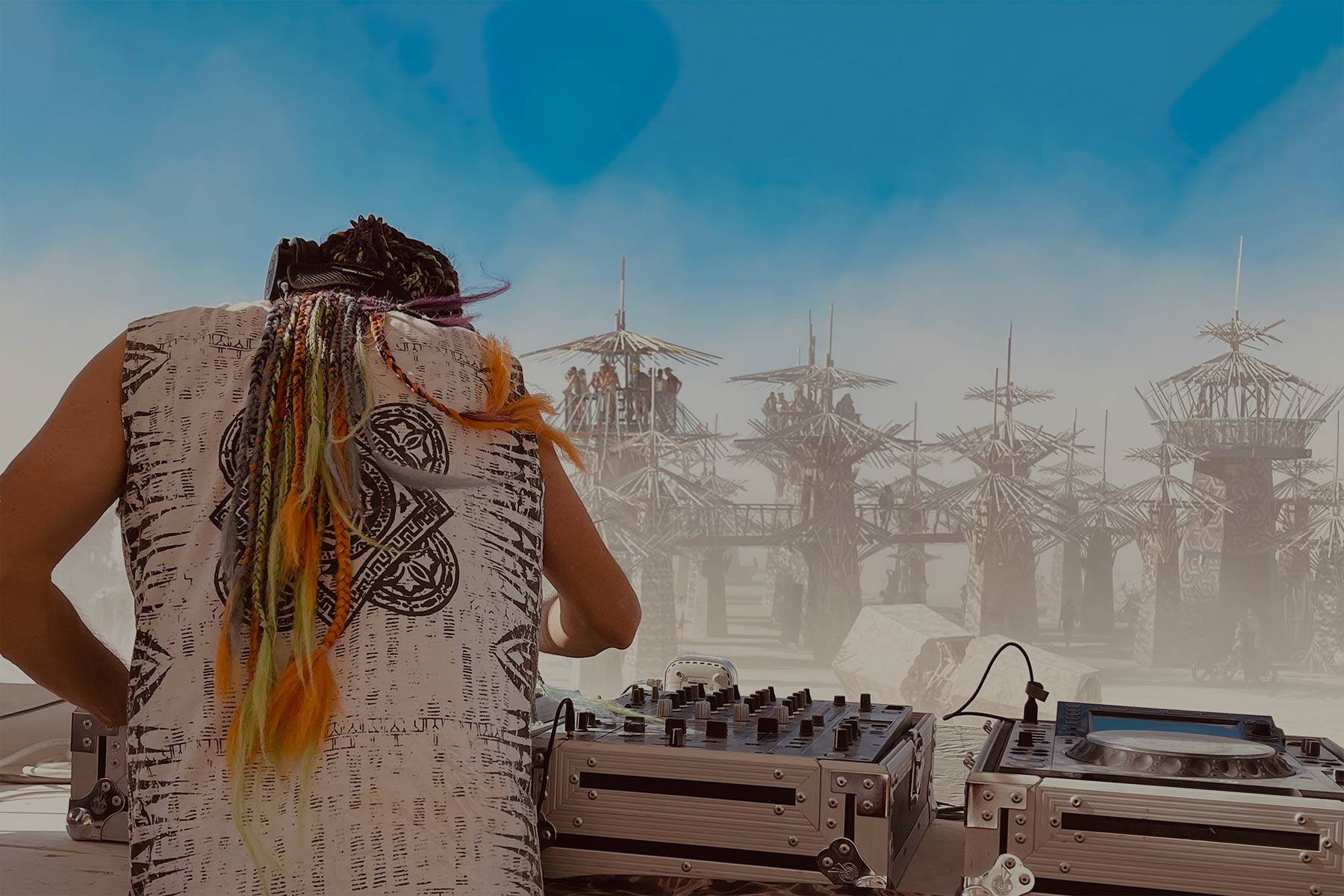 DJ Trevor Moontribe wearing Psylo at Burning Man