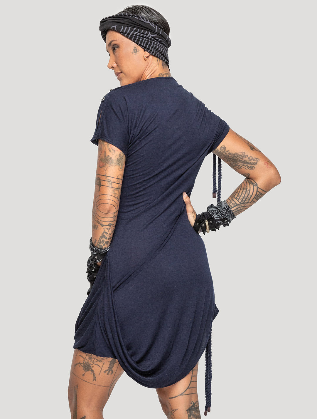 Dark Navy 'Medusa' 100% Bamboo Asymmetric Mini Dress - Psylo Fashion