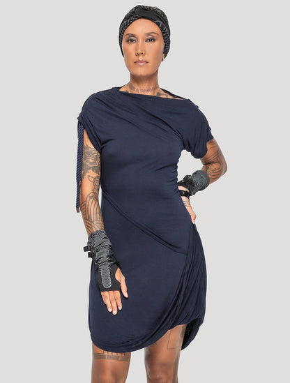Dark Navy 'Medusa' 100% Bamboo Asymmetric Mini Dress - Psylo Fashion