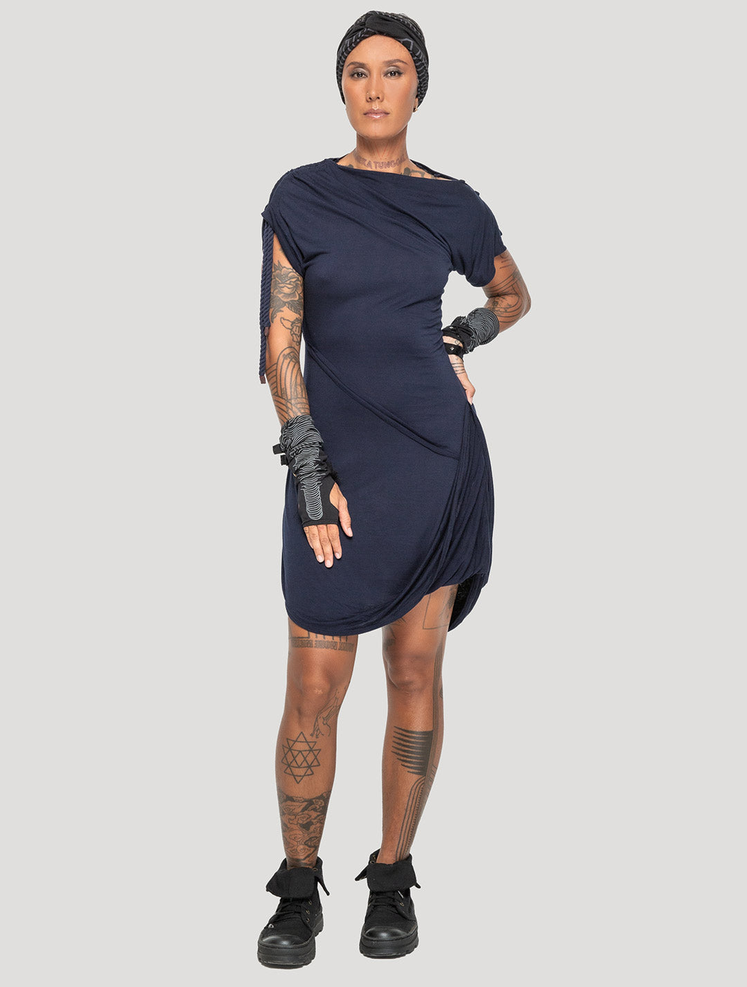 Dark Navy 'Medusa' 100% Bamboo Asymmetric Mini Dress - Psylo Fashion