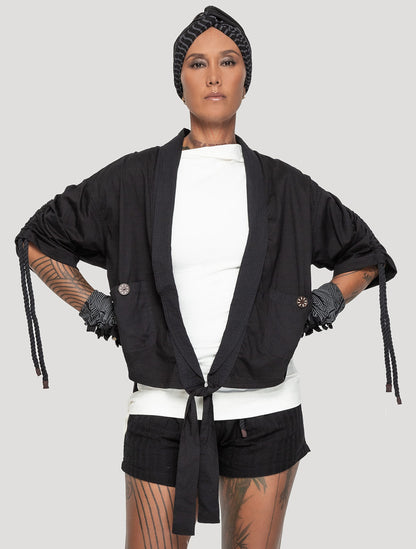Black Organic Cotton & Linen 'Medusa' Kimono - Psylo Fashion