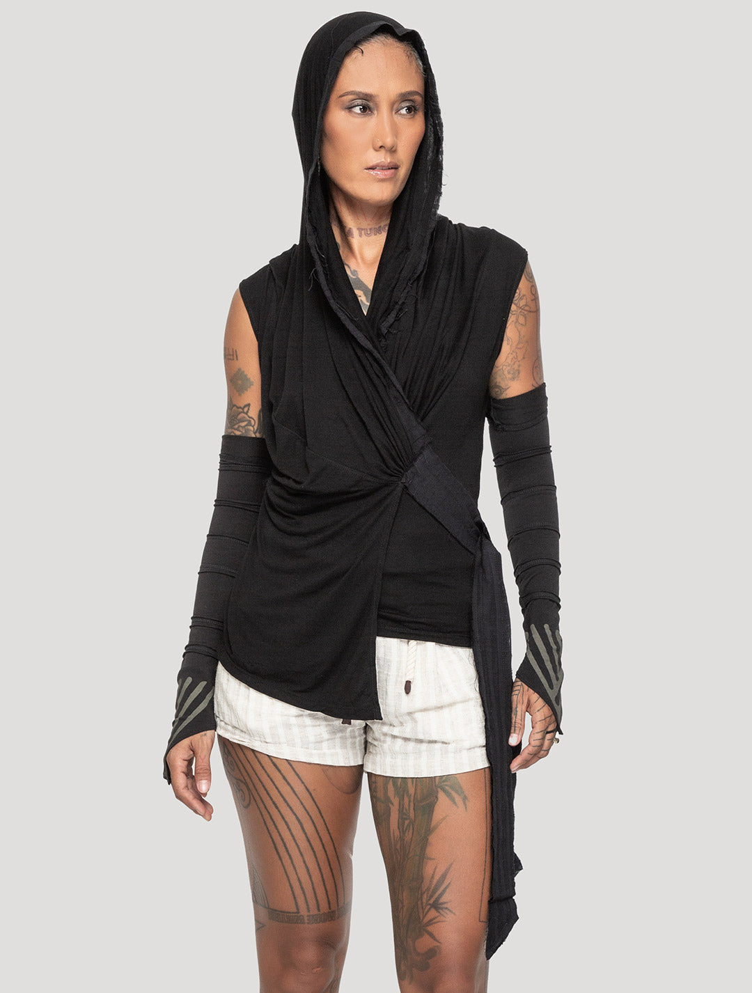 Black 'Sorcerer' 100% Bamboo Hooded Wrap Top - Psylo Fashion