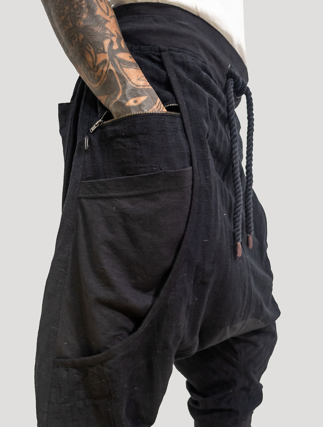 Black 'Shaolin' Linen Harem ¾ Shorts - Psylo Fashion
