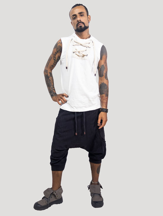 Black 'Shaolin' Linen Harem ¾ Shorts - Psylo Fashion