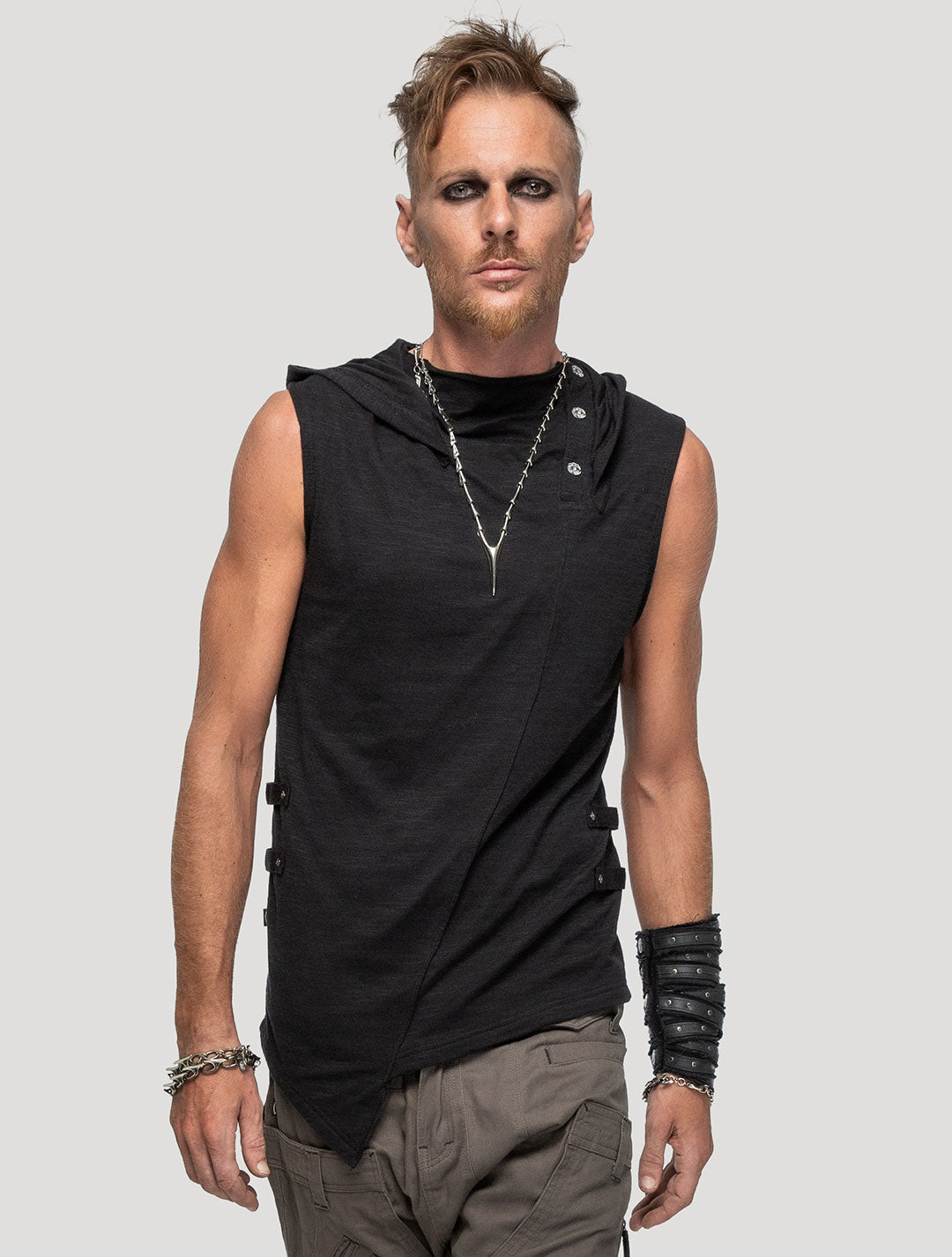 Black Slashed Sleeveless Hoodie Tee - Psylo Fashion