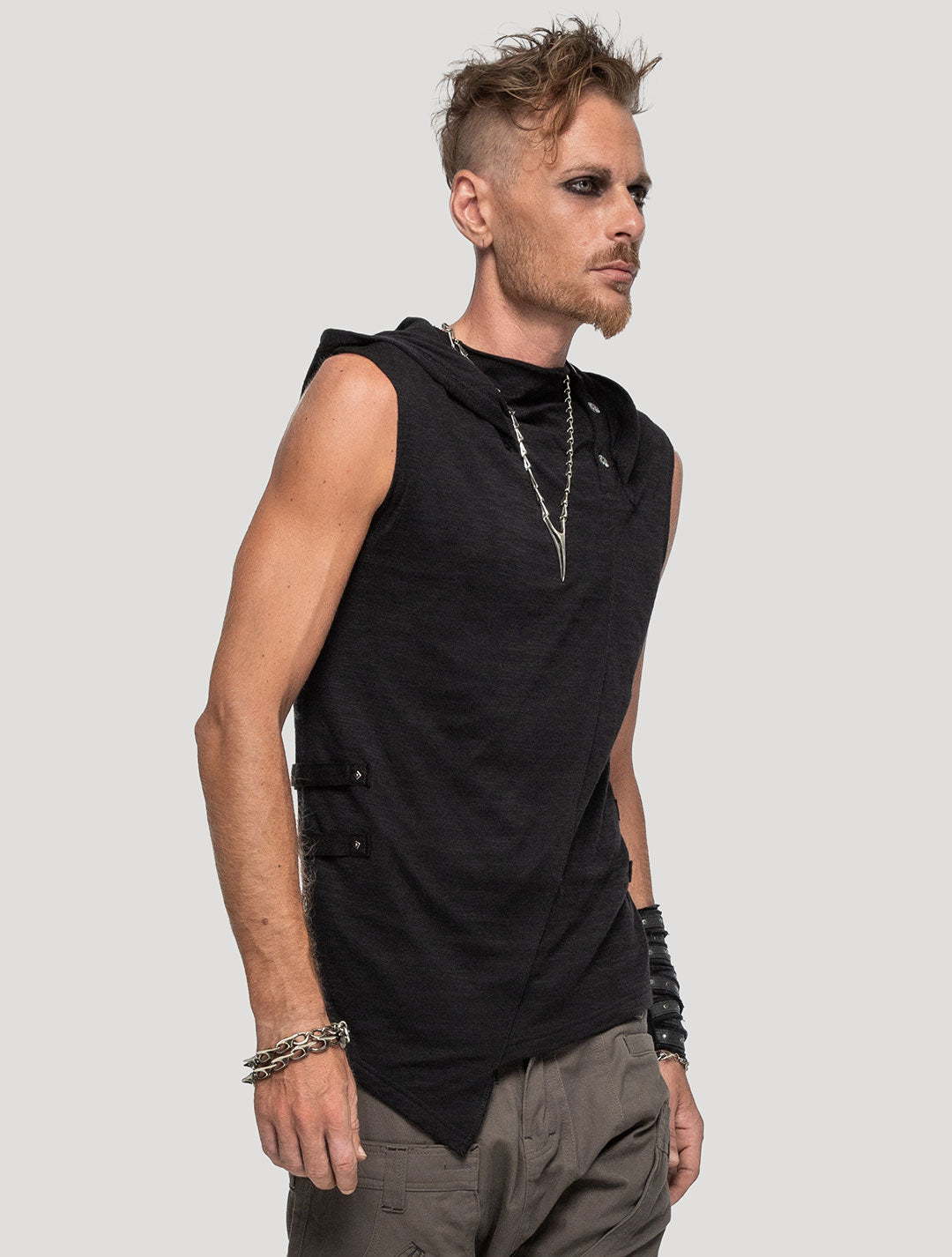 Black Slashed Sleeveless Hoodie Tee - Psylo Fashion