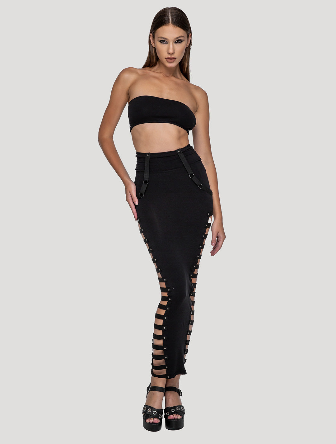 Black Organic Cotton Lycra 'Slashed' High-Waist Maxi Skirt - Psylo Fashion