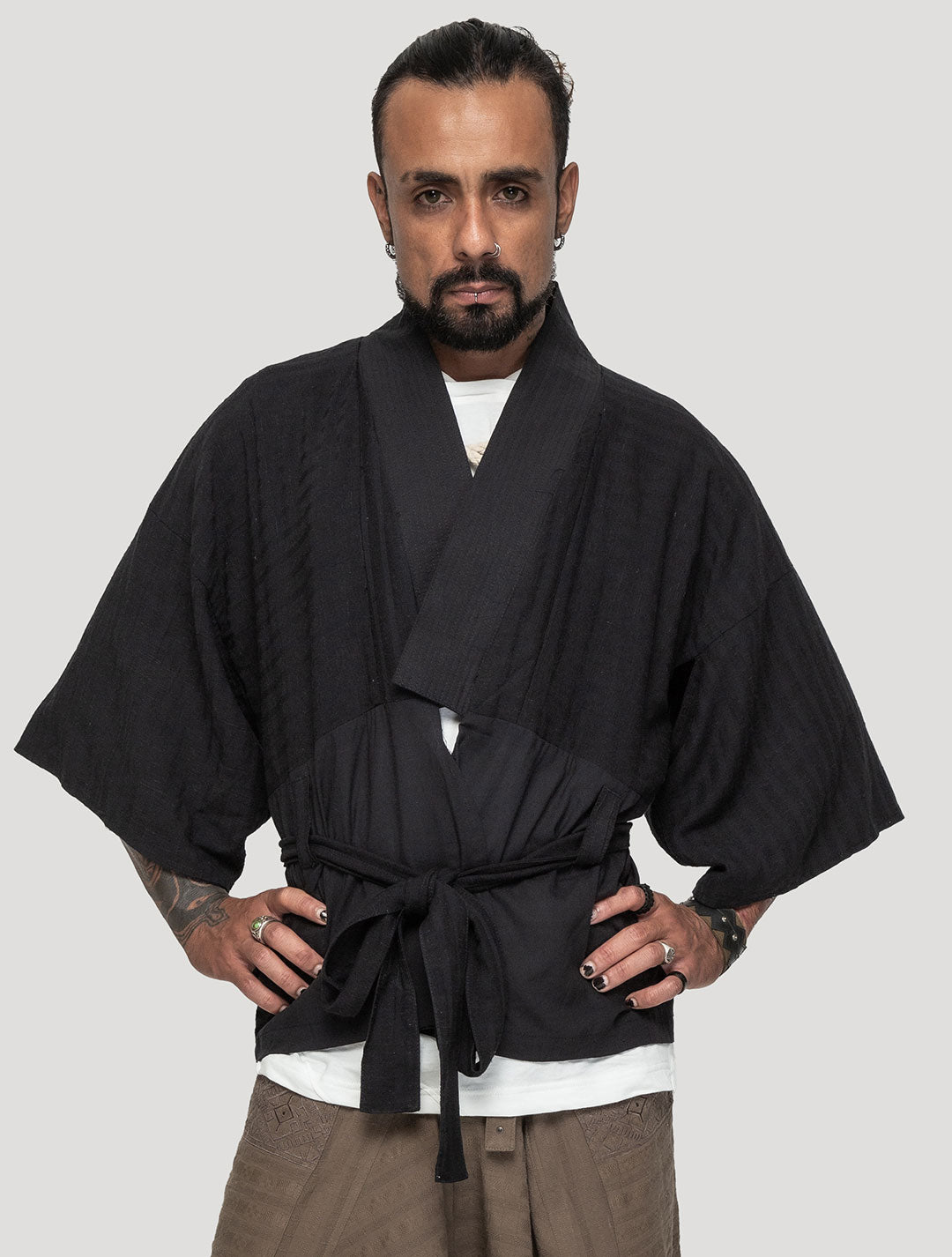 Black 'Taiji' Striped, Cropped & Belted Linen Kimono - Psylo Fashion