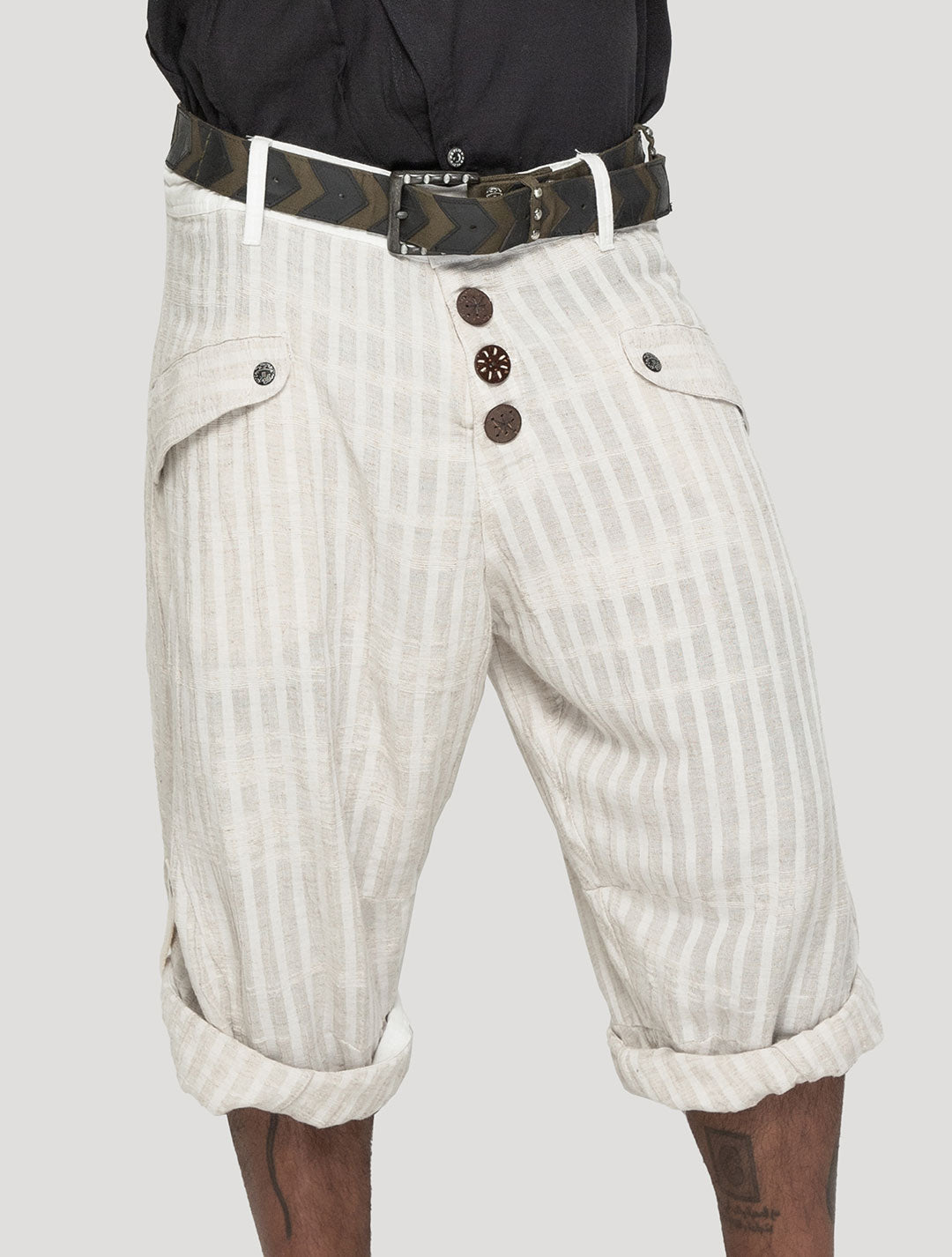 Natural 'Taiji' Striped Linen ¾ Pants - Psylo Fashion