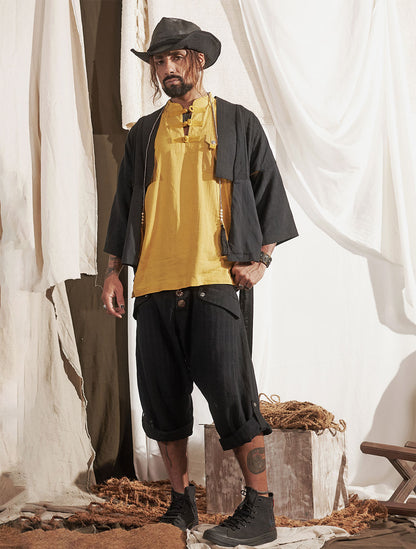 Black 'Taiji' Striped Linen ¾ Pants - Psylo Fashion