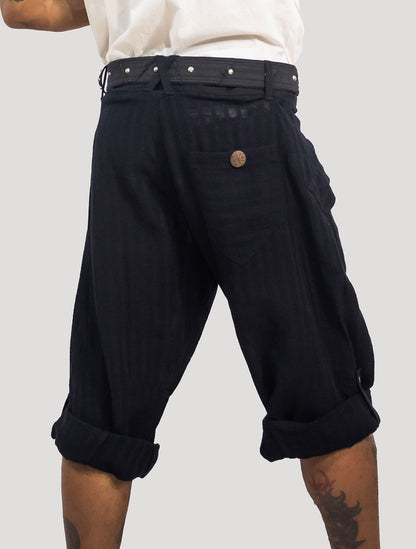 Black 'Taiji' Striped Linen ¾ Pants - Psylo Fashion