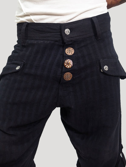 Black 'Taiji' Striped Linen ¾ Pants - Psylo Fashion