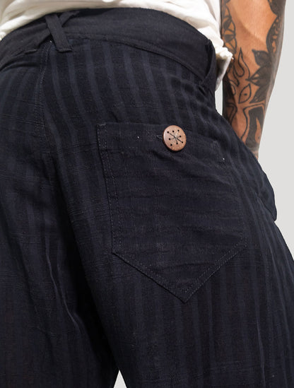 Black 'Taiji' Striped Linen ¾ Pants - Psylo Fashion