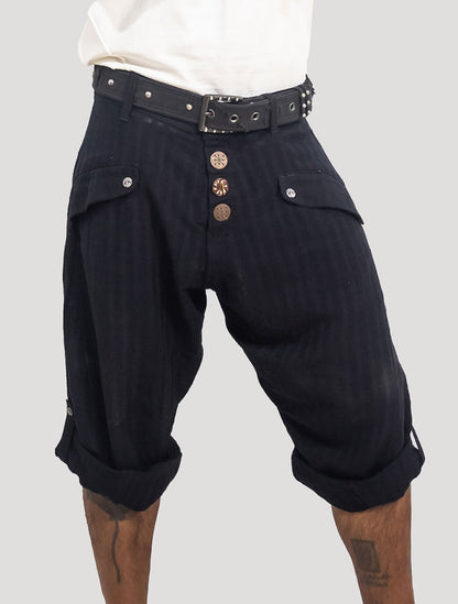 Black 'Taiji' Striped Linen ¾ Pants - Psylo Fashion